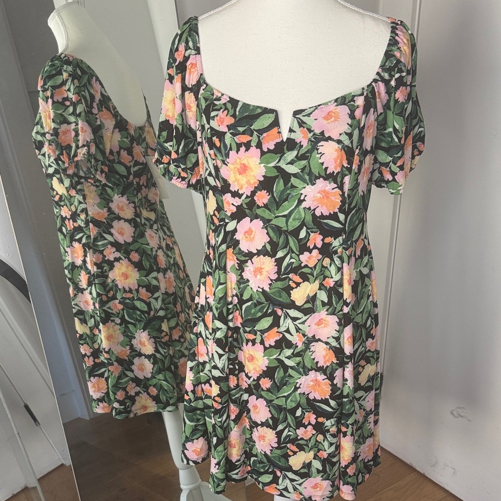 Floral Mini Tropical Lily Rose Dress - Black, Pink, Green, Orange - Sz XL - NWT